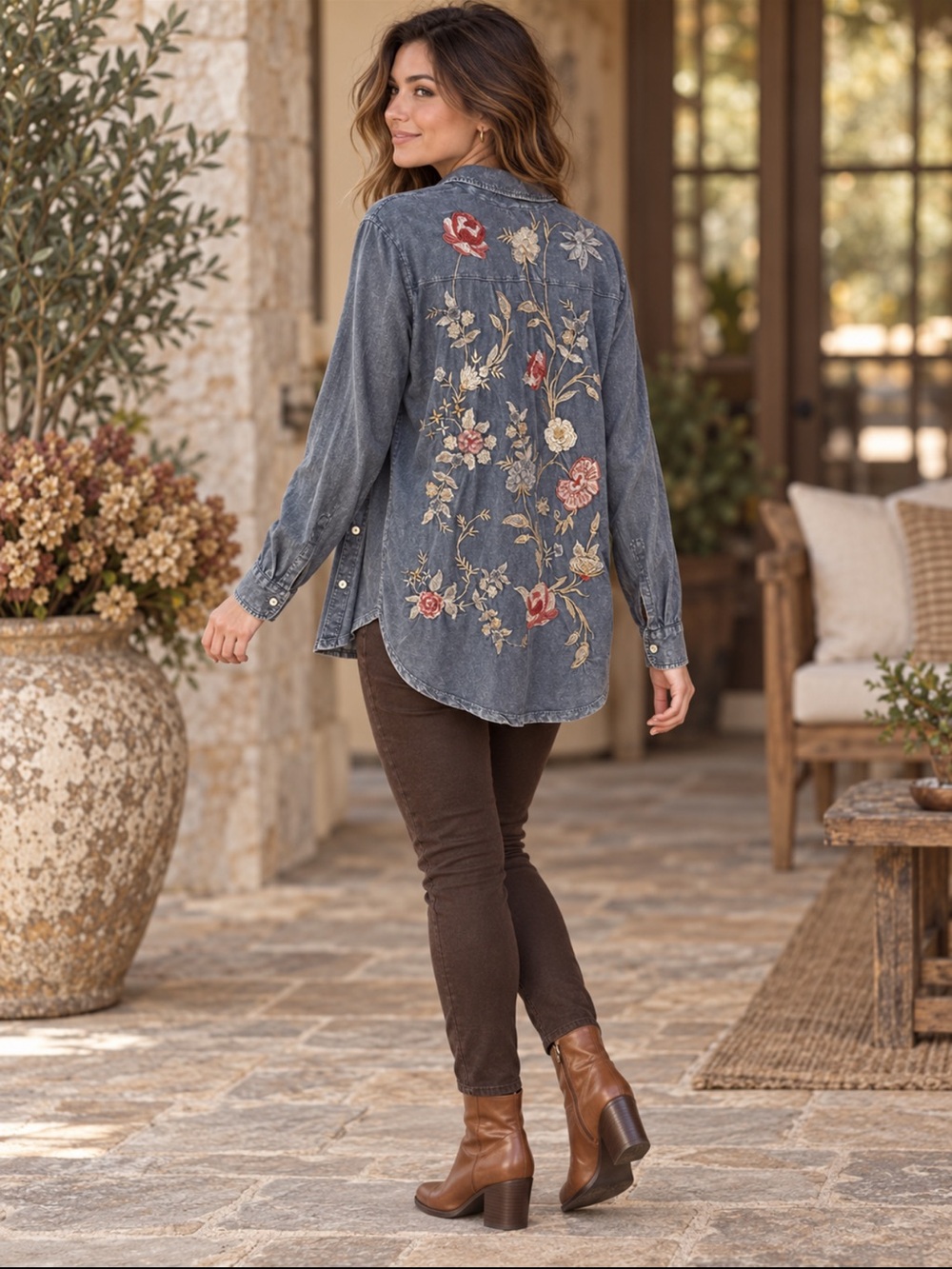 Caite Floral Embroidered Back Mineral Wash Button Down Shirt Blue M